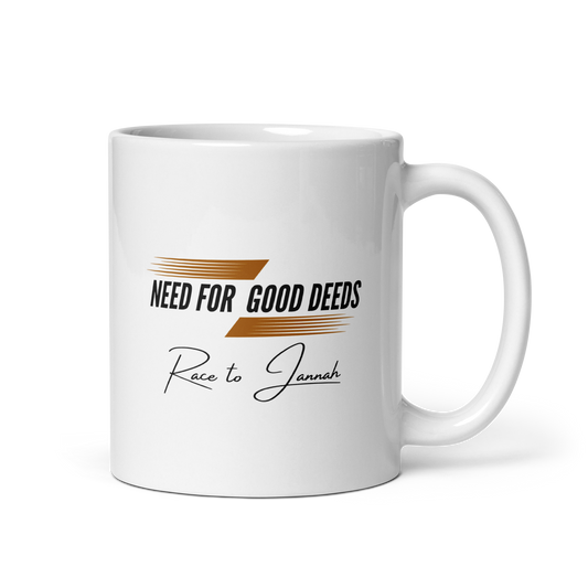 MUG Glossy White - NEED FOR GOOD DEEDS - Black/Orange