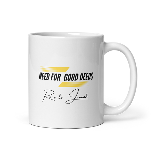 MUG Glossy White - NEED FOR GOOD DEEDS - Black/Yellow