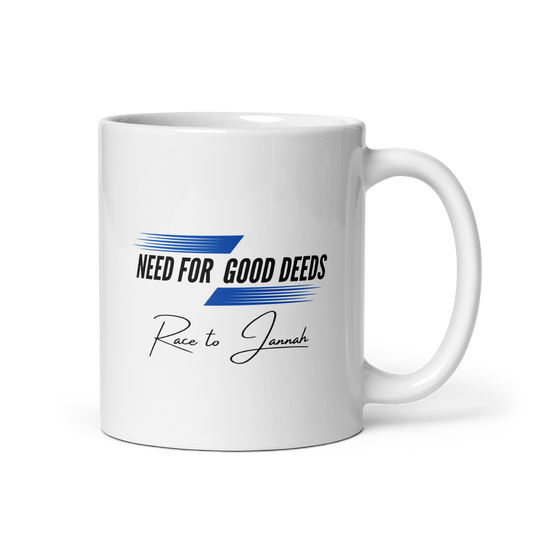 MUG Glossy White - NEED FOR GOOD DEEDS - Black/Blue
