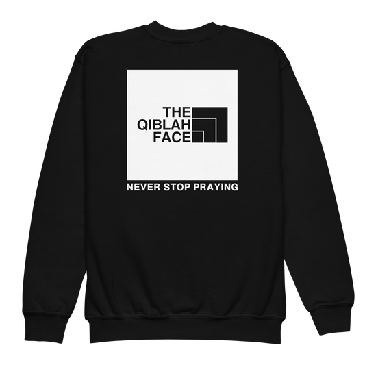 CHILDREN's Crewneck Sweatshirt - THE QIBLAH FACE (Never Stop Praying - Back Logo) - White