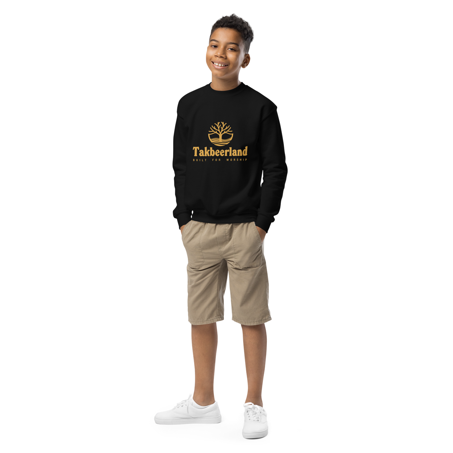 CHILDREN's Crewneck Sweatshirt - TAKBEERLAND FULL LOGO (Centered/Medium) - Gold