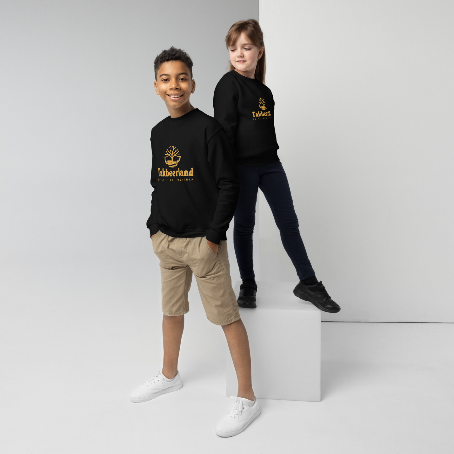CHILDREN's Crewneck Sweatshirt - TAKBEERLAND FULL LOGO (Centered/Medium) - Gold