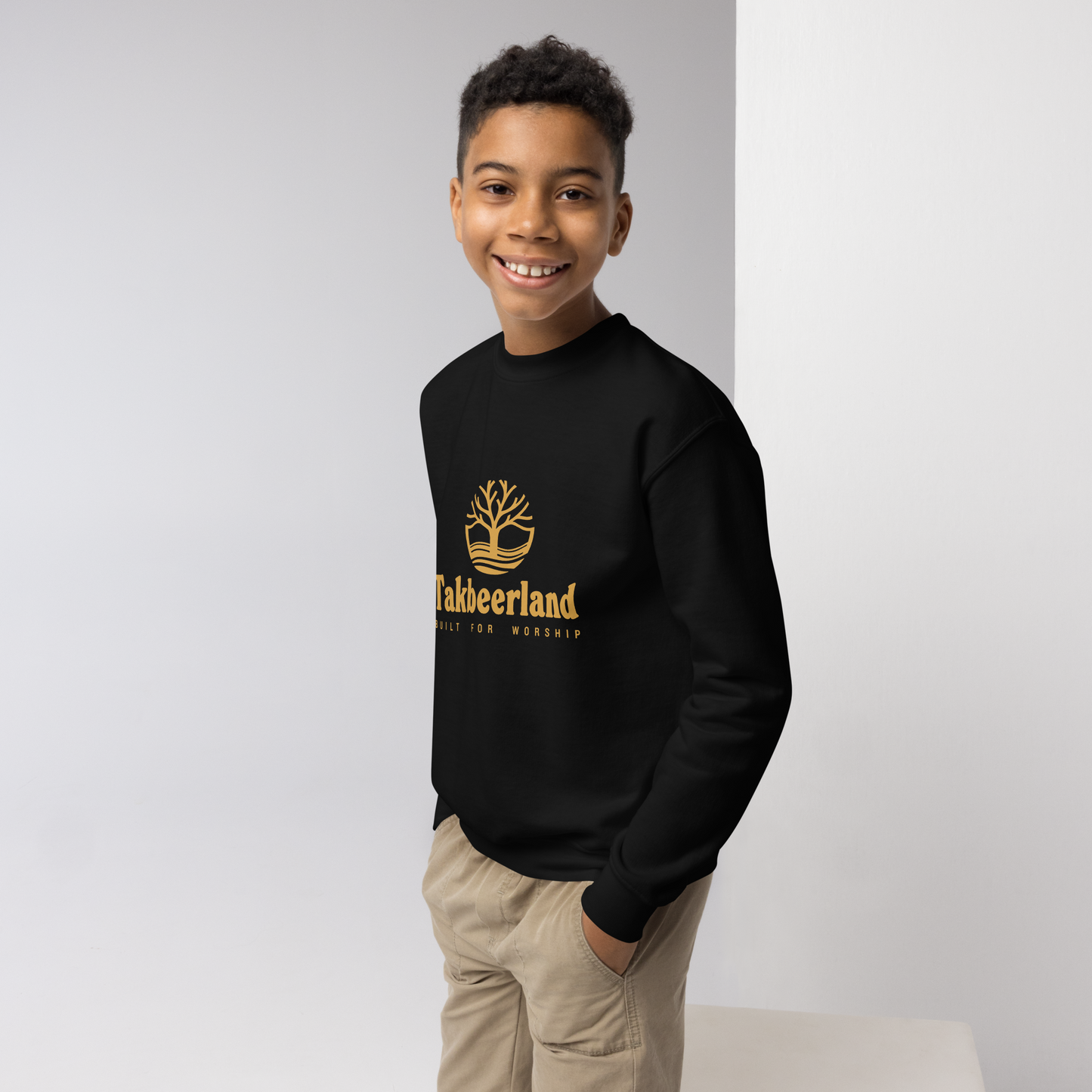 CHILDREN's Crewneck Sweatshirt - TAKBEERLAND FULL LOGO (Centered/Medium) - Gold