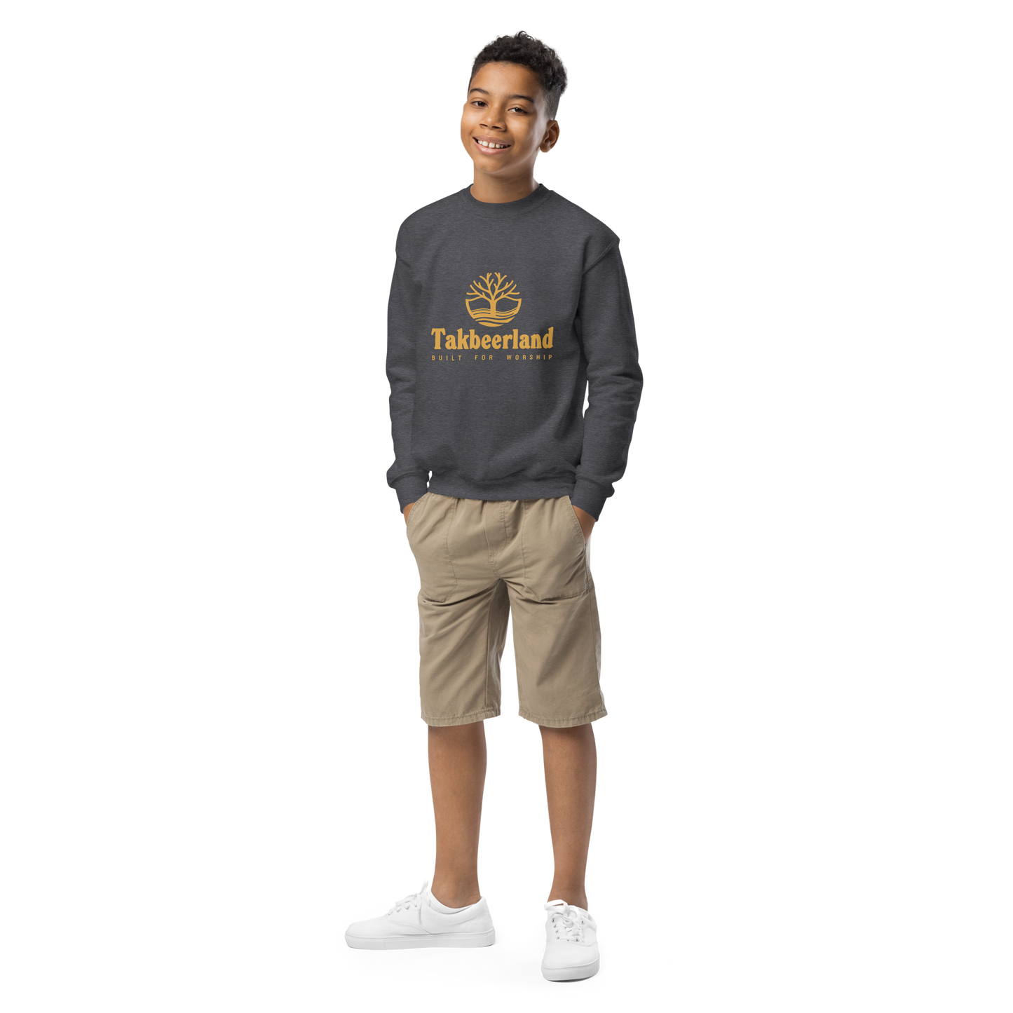 CHILDREN's Crewneck Sweatshirt - TAKBEERLAND FULL LOGO (Centered/Medium) - Gold