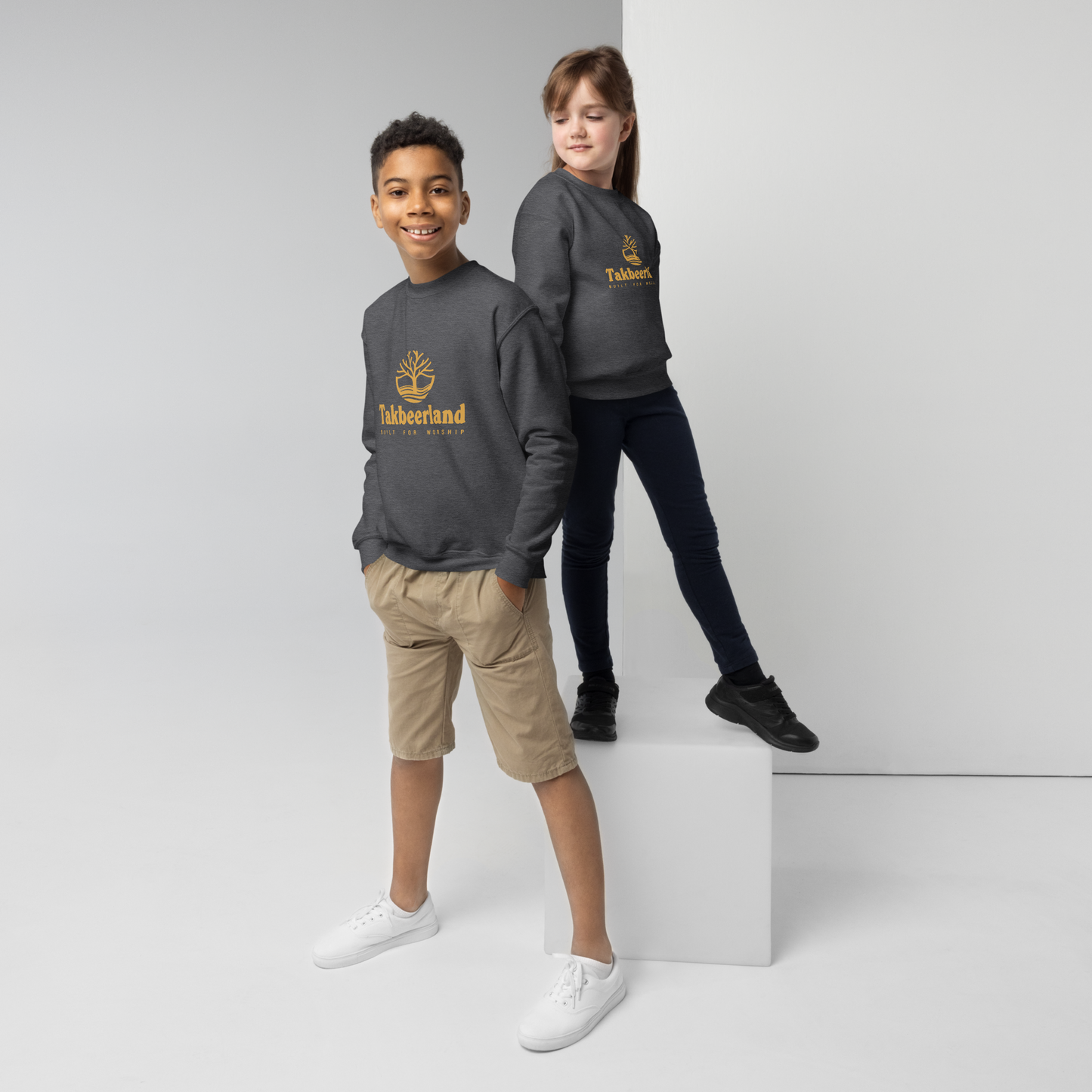 CHILDREN's Crewneck Sweatshirt - TAKBEERLAND FULL LOGO (Centered/Medium) - Gold