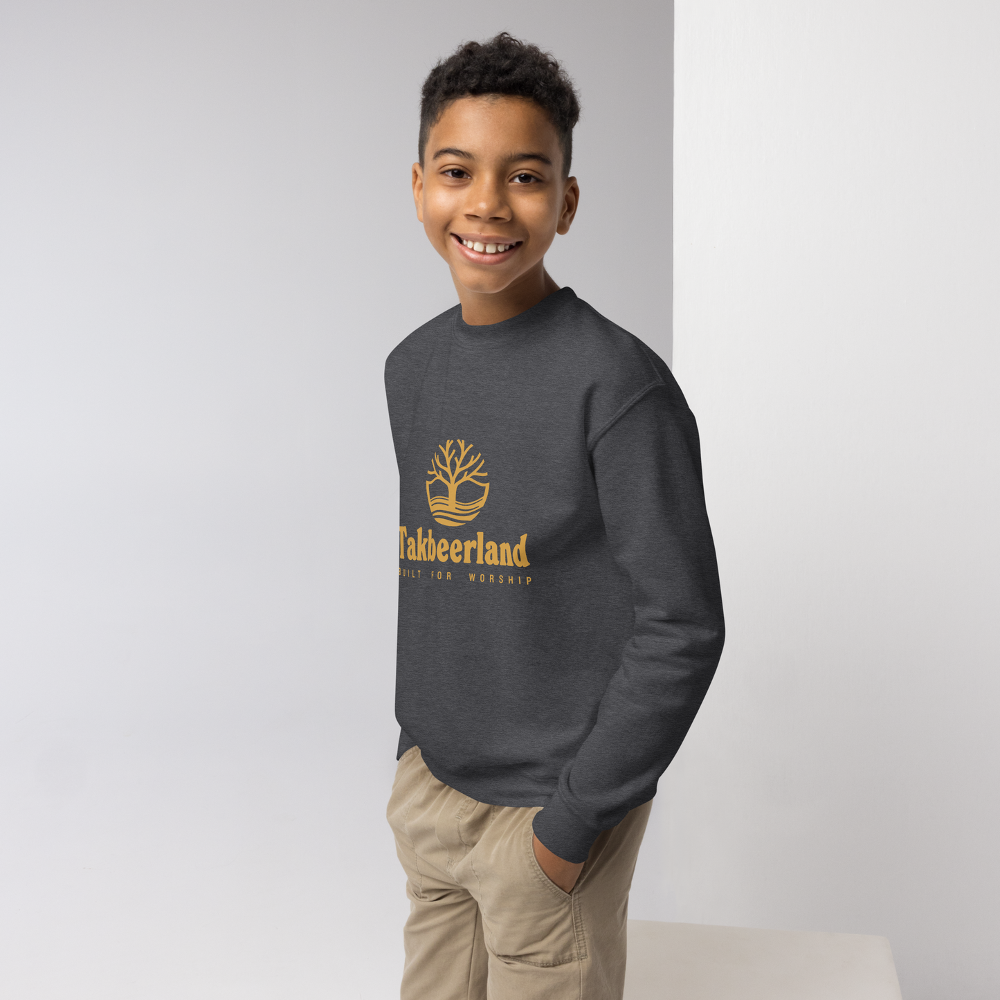 CHILDREN's Crewneck Sweatshirt - TAKBEERLAND FULL LOGO (Centered/Medium) - Gold