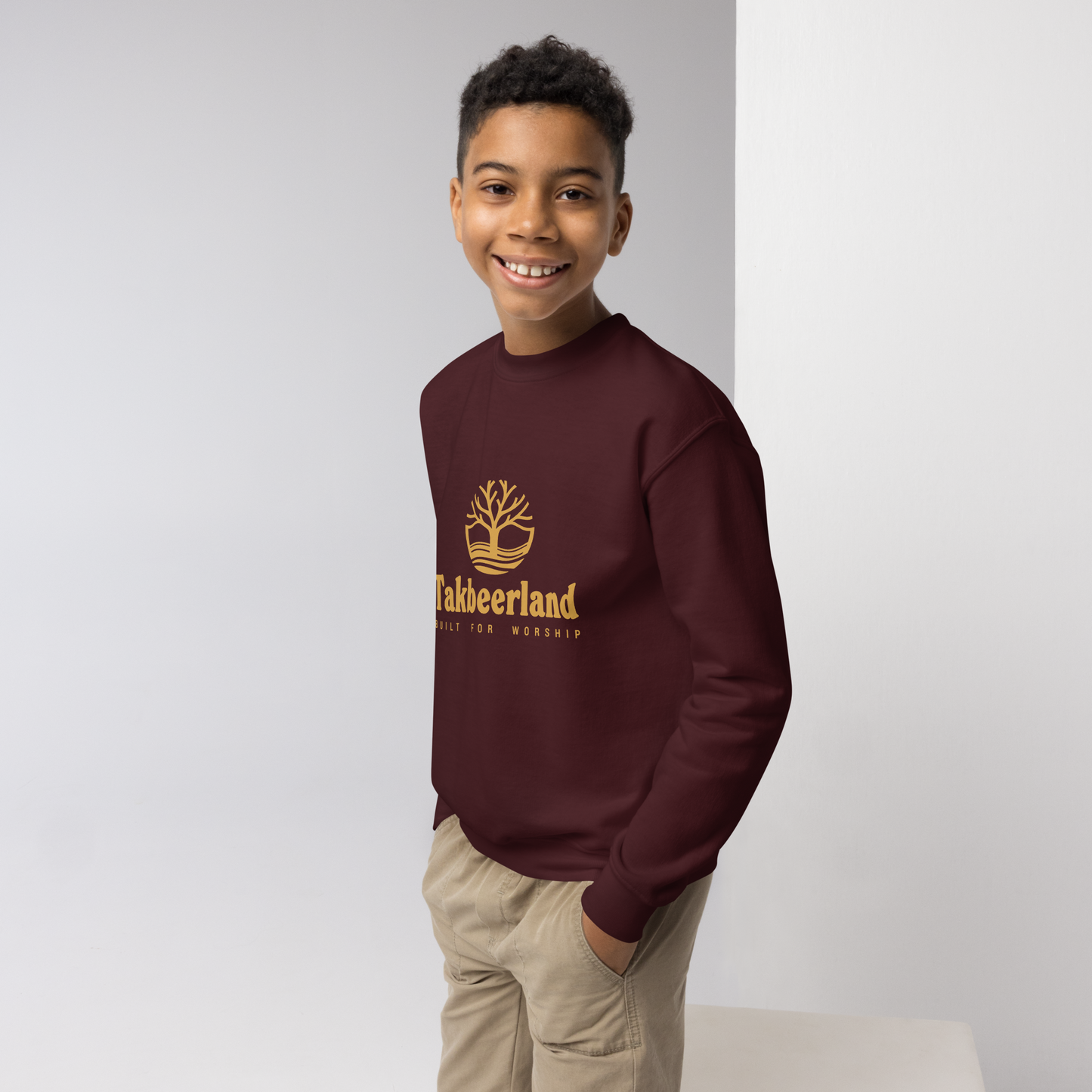 CHILDREN's Crewneck Sweatshirt - TAKBEERLAND FULL LOGO (Centered/Medium) - Gold