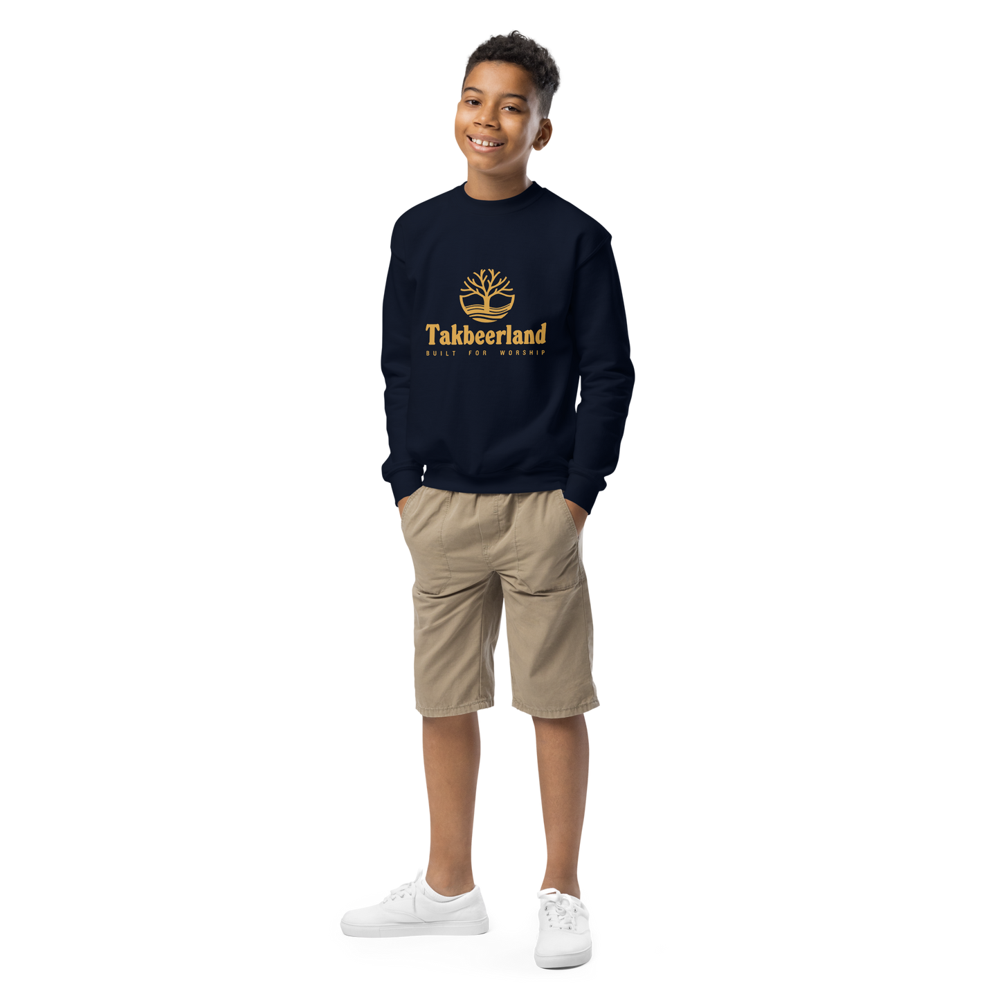 CHILDREN's Crewneck Sweatshirt - TAKBEERLAND FULL LOGO (Centered/Medium) - Gold