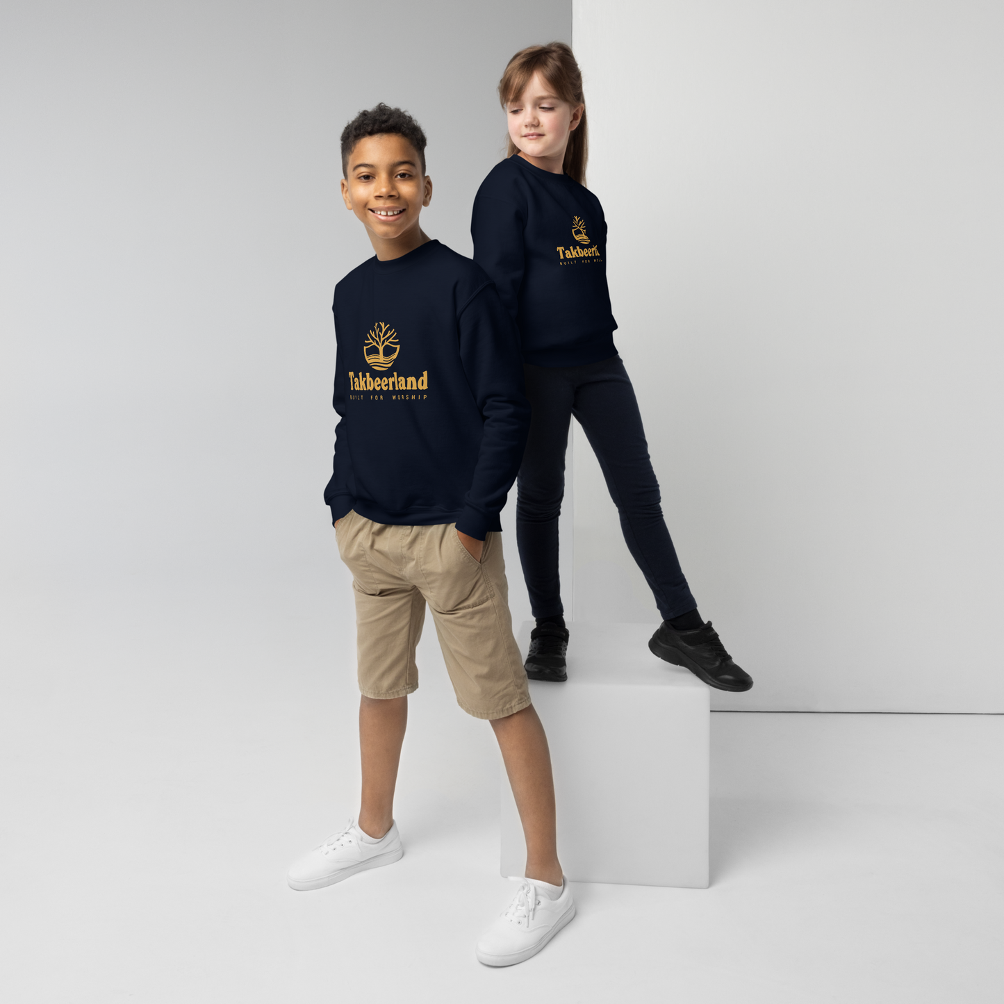 CHILDREN's Crewneck Sweatshirt - TAKBEERLAND FULL LOGO (Centered/Medium) - Gold