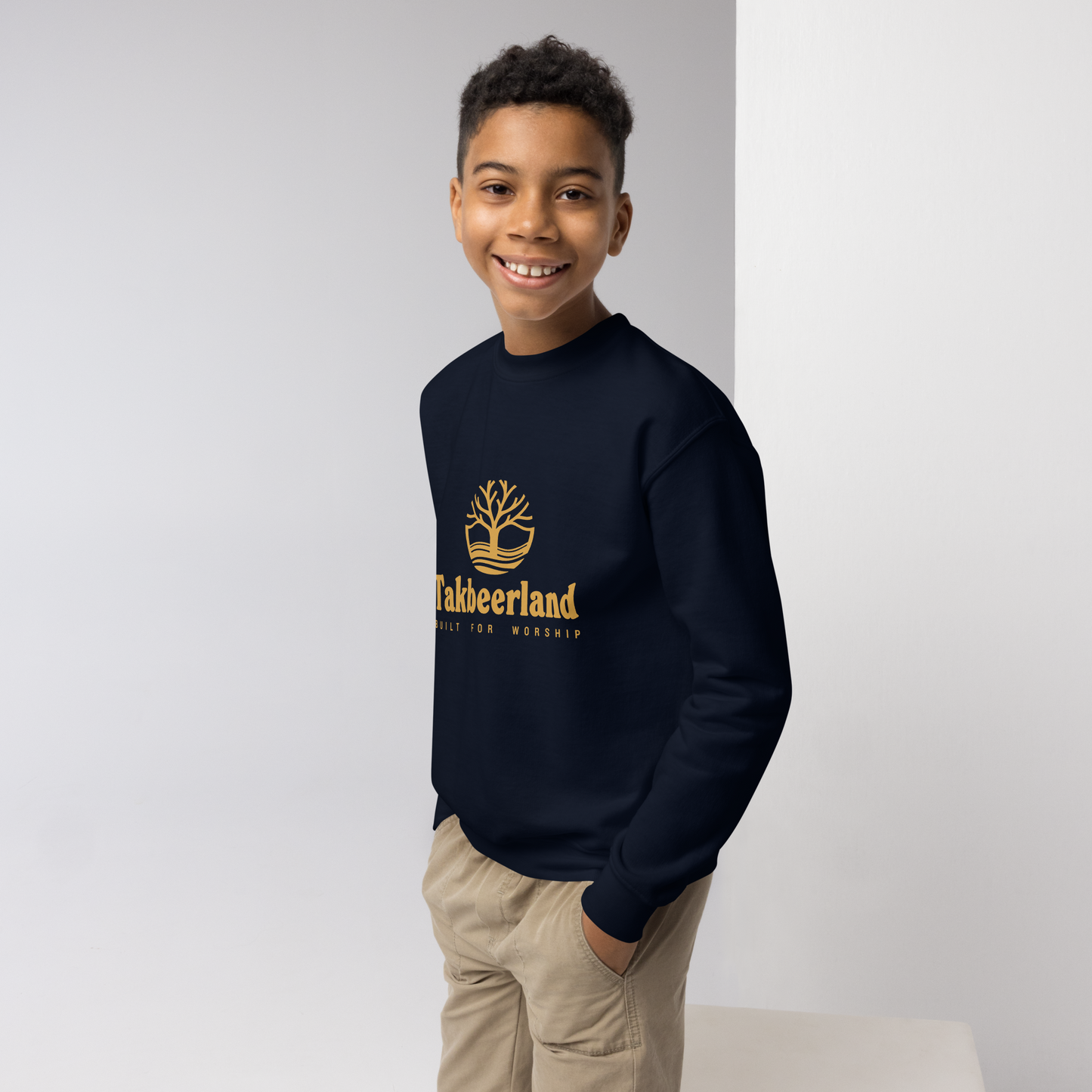 CHILDREN's Crewneck Sweatshirt - TAKBEERLAND FULL LOGO (Centered/Medium) - Gold