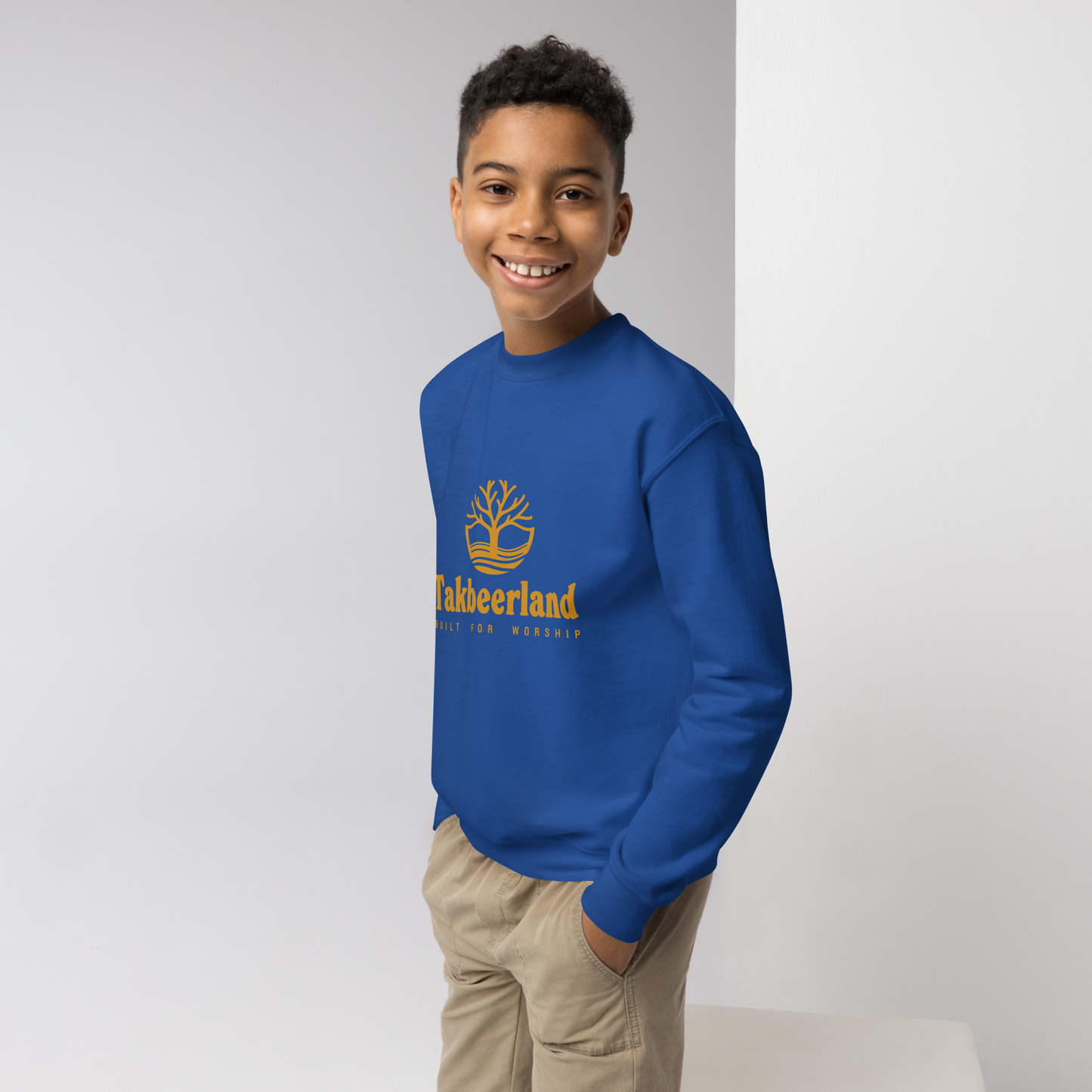 CHILDREN's Crewneck Sweatshirt - TAKBEERLAND FULL LOGO (Centered/Medium) - Gold