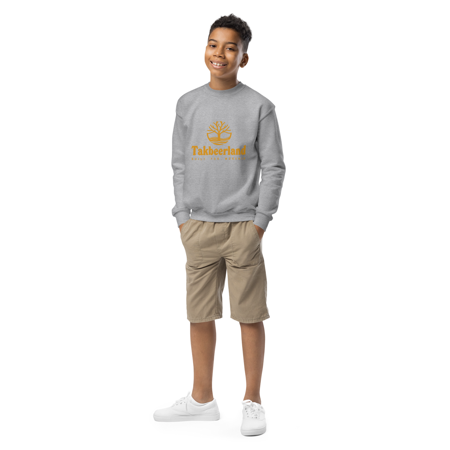 CHILDREN's Crewneck Sweatshirt - TAKBEERLAND FULL LOGO (Centered/Medium) - Gold