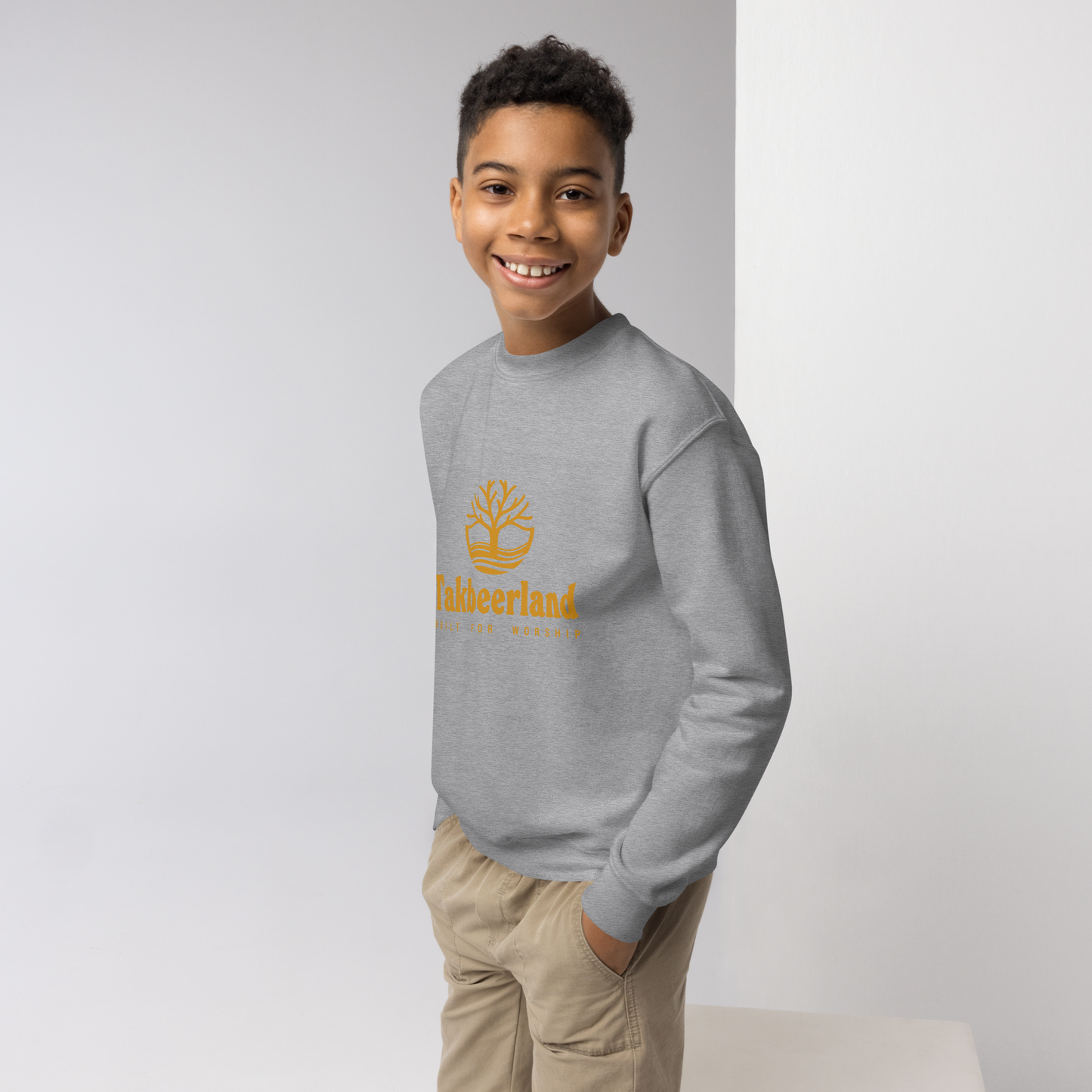 CHILDREN's Crewneck Sweatshirt - TAKBEERLAND FULL LOGO (Centered/Medium) - Gold