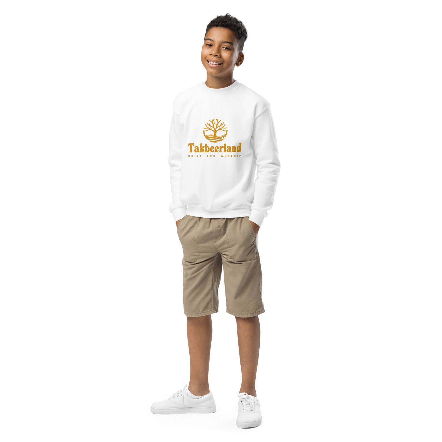 CHILDREN's Crewneck Sweatshirt - TAKBEERLAND FULL LOGO (Centered/Medium) - Gold