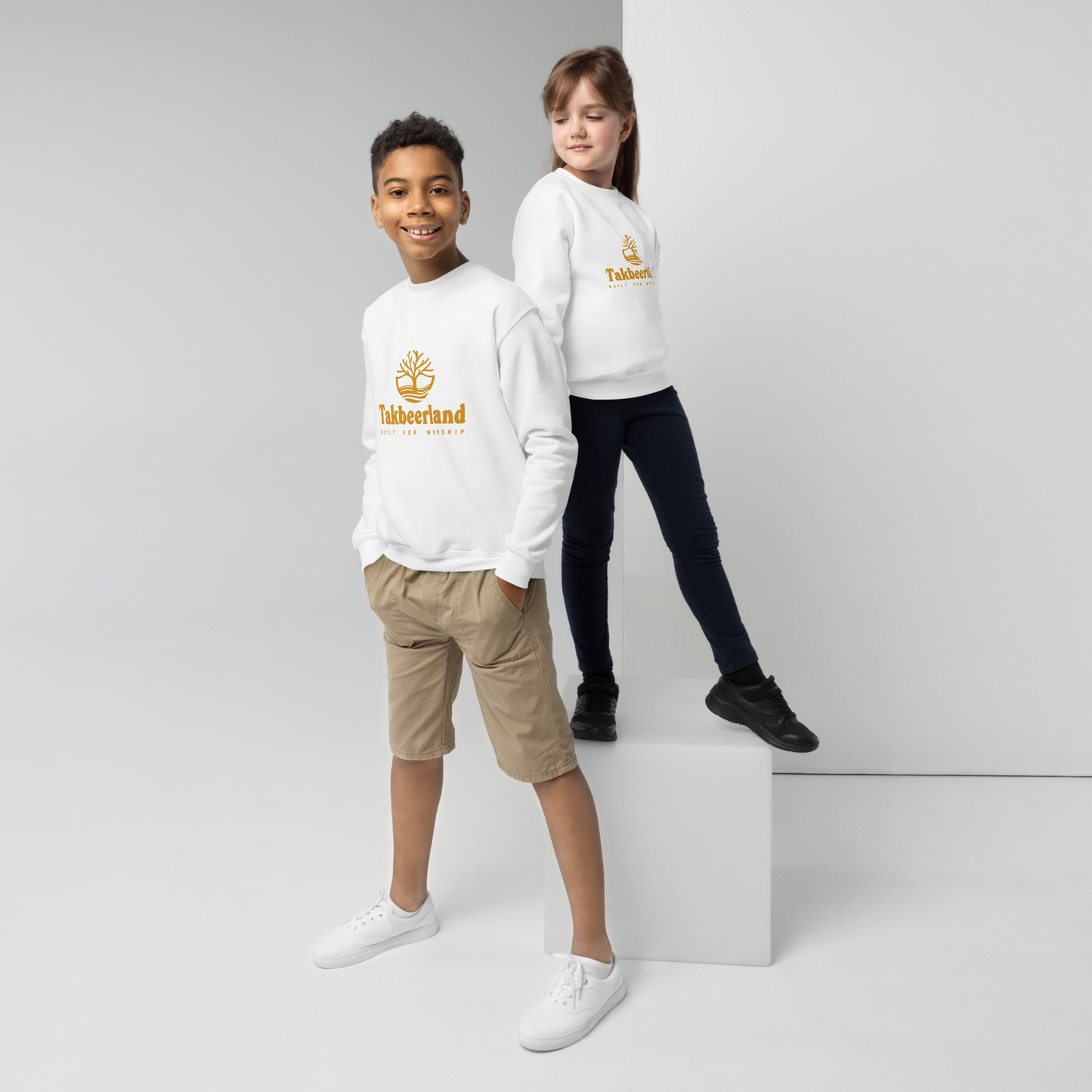 CHILDREN's Crewneck Sweatshirt - TAKBEERLAND FULL LOGO (Centered/Medium) - Gold