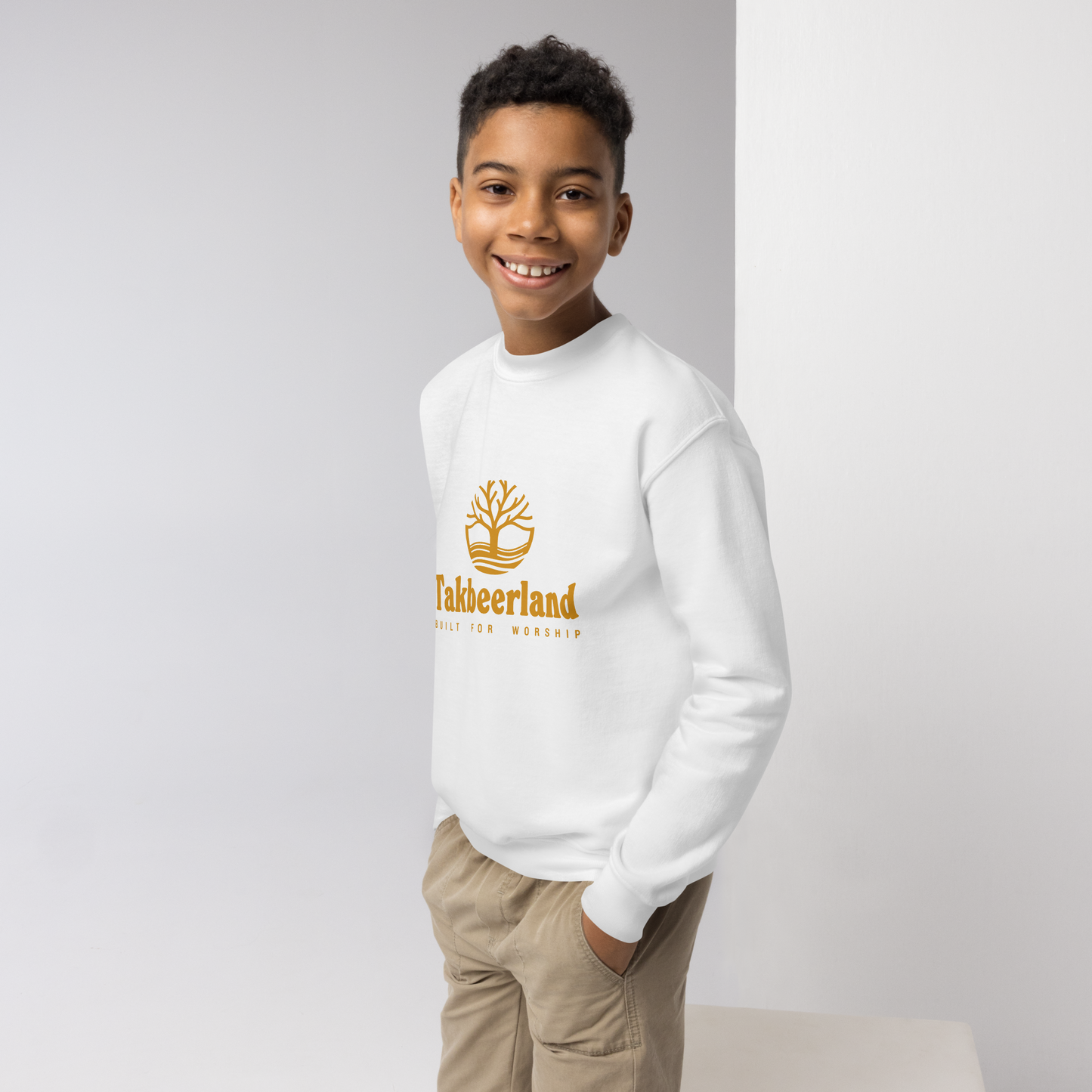 CHILDREN's Crewneck Sweatshirt - TAKBEERLAND FULL LOGO (Centered/Medium) - Gold