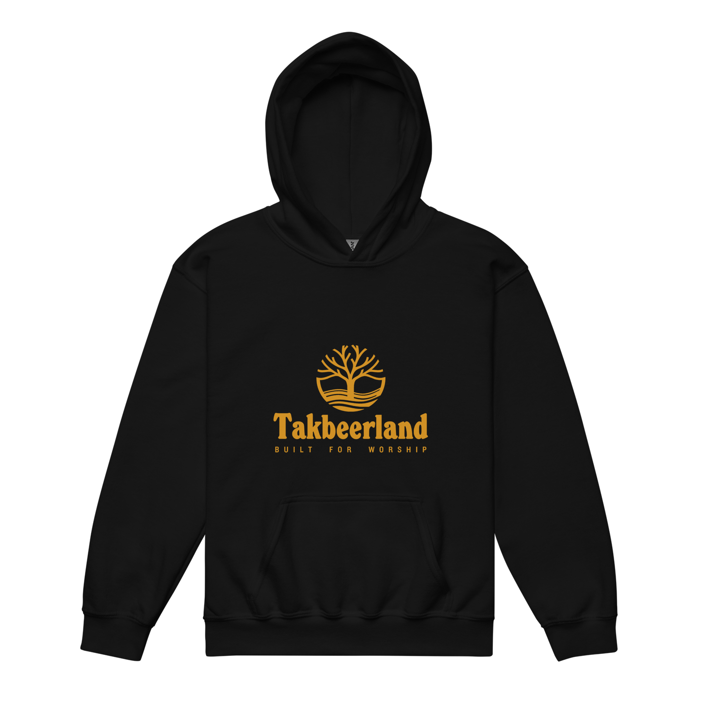 CHILDREN's Hoodie Heavy Blend (Youth) - TAKBEERLAND FULL LOGO (Centered/Medium) - Gold
