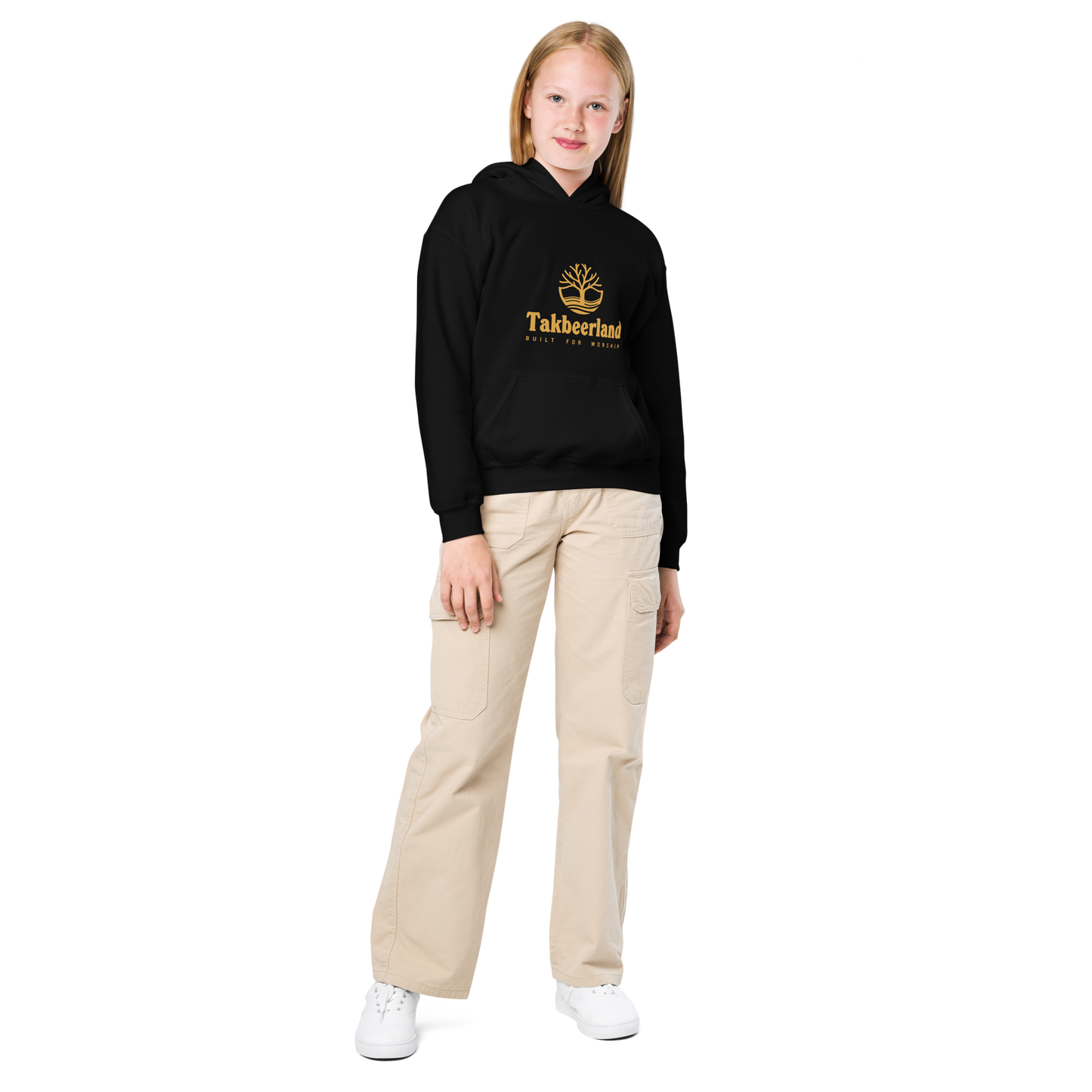 CHILDREN's Hoodie Heavy Blend (Youth) - TAKBEERLAND FULL LOGO (Centered/Medium) - Gold