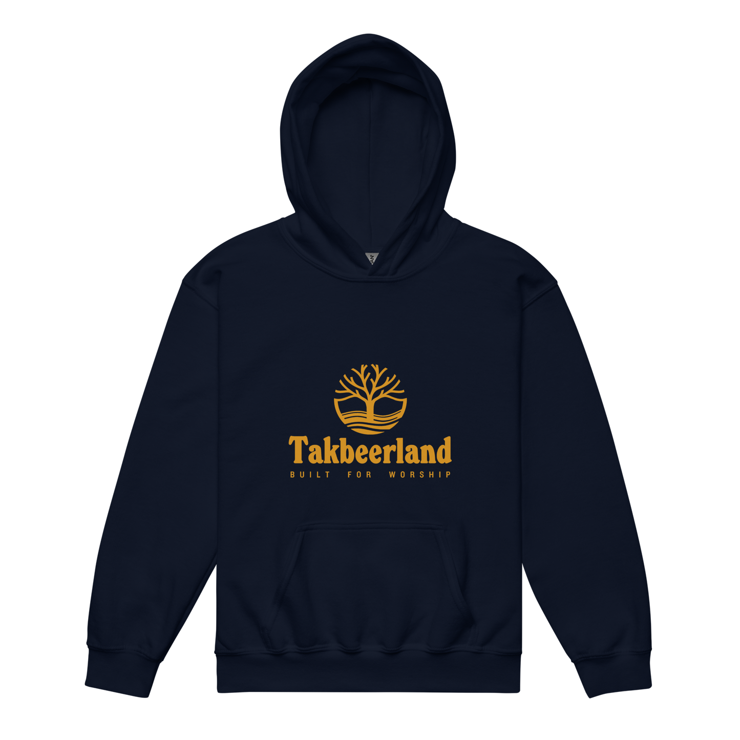 CHILDREN's Hoodie Heavy Blend (Youth) - TAKBEERLAND FULL LOGO (Centered/Medium) - Gold