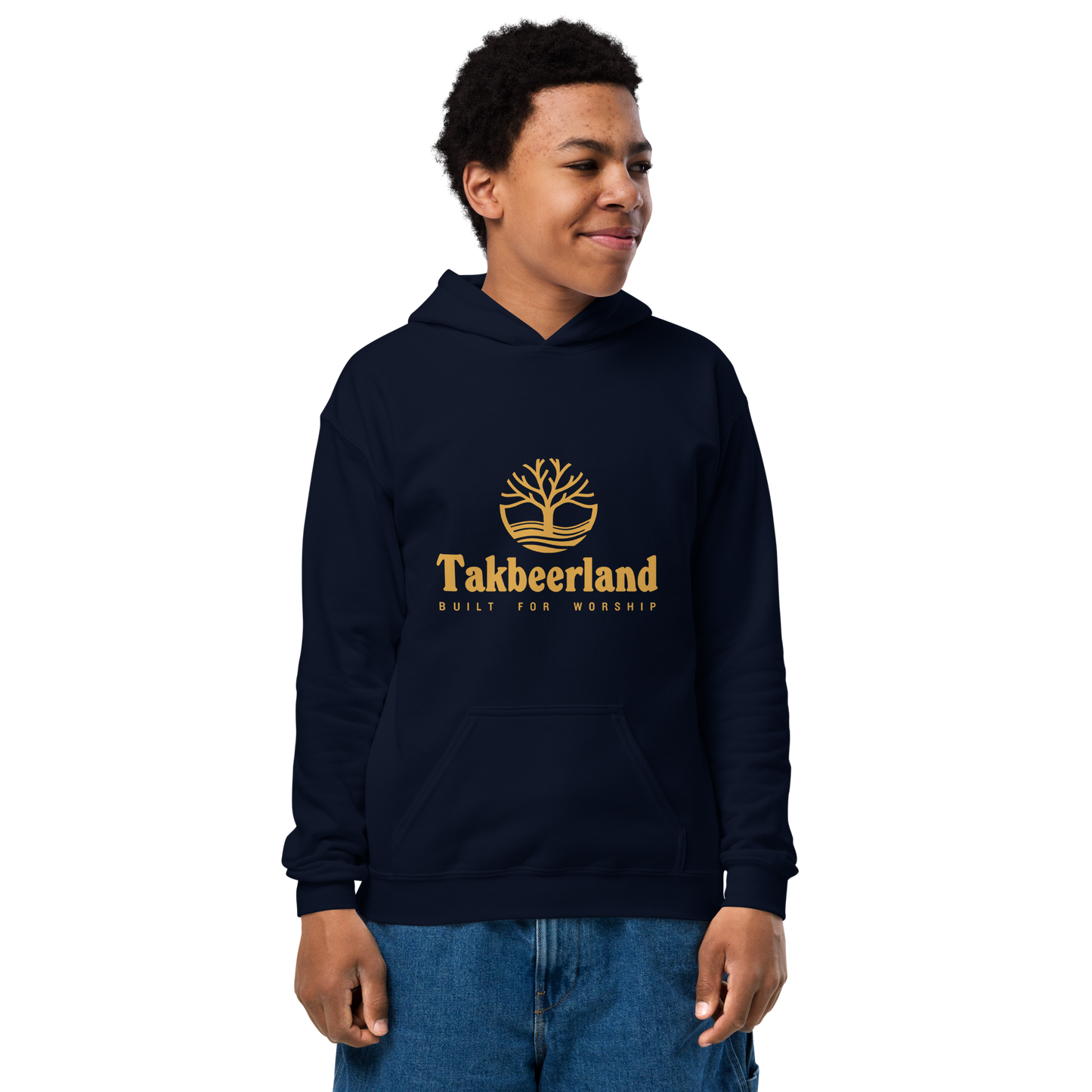 CHILDREN's Hoodie Heavy Blend (Youth) - TAKBEERLAND FULL LOGO (Centered/Medium) - Gold