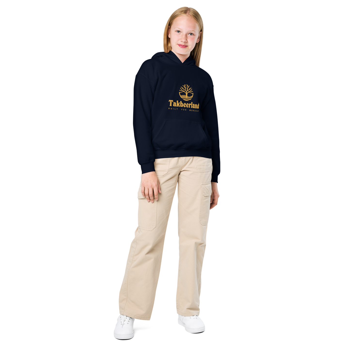 CHILDREN's Hoodie Heavy Blend (Youth) - TAKBEERLAND FULL LOGO (Centered/Medium) - Gold