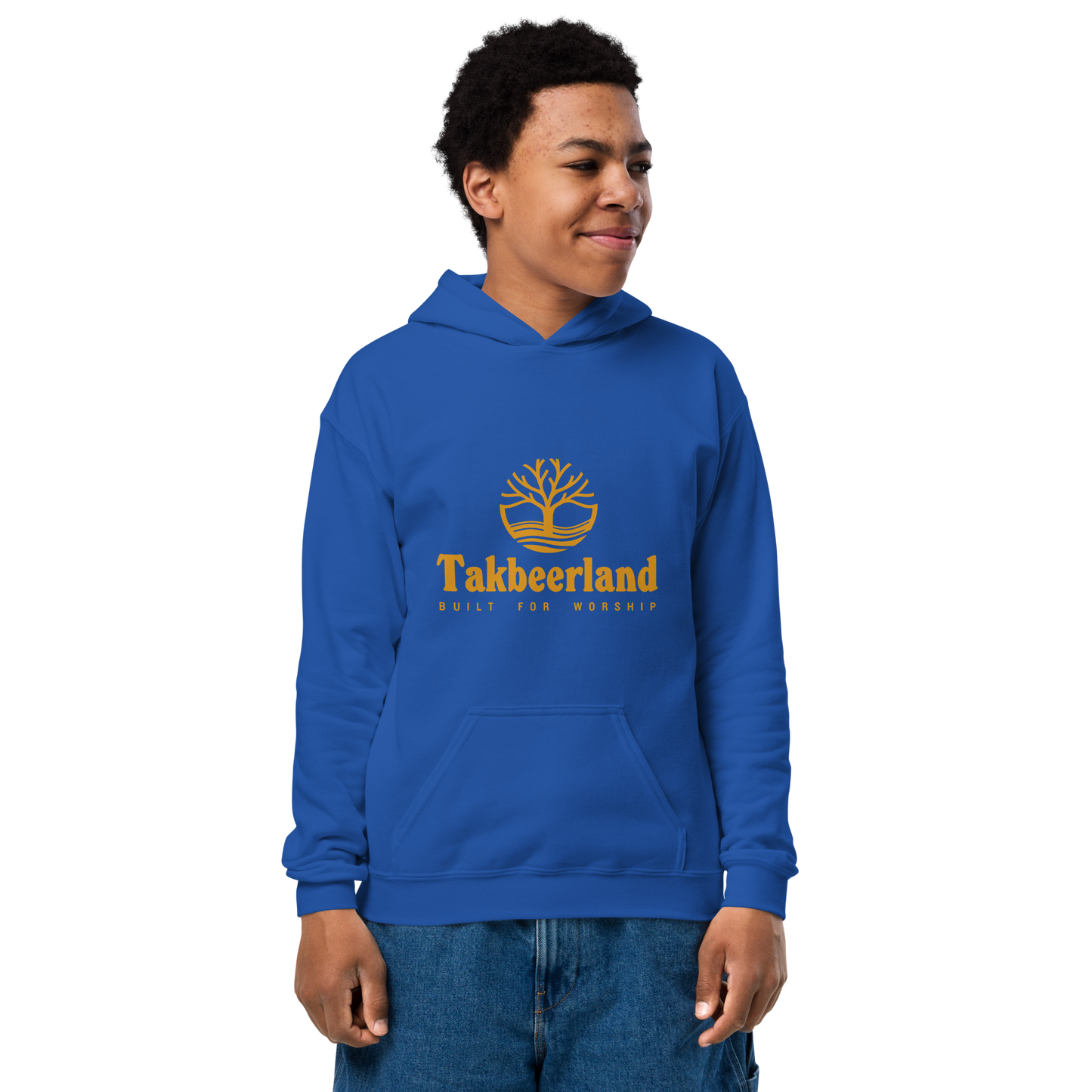CHILDREN's Hoodie Heavy Blend (Youth) - TAKBEERLAND FULL LOGO (Centered/Medium) - Gold