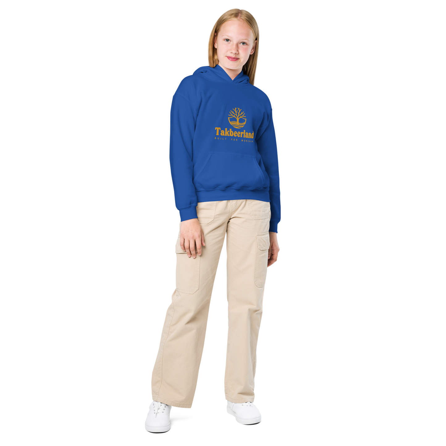 CHILDREN's Hoodie Heavy Blend (Youth) - TAKBEERLAND FULL LOGO (Centered/Medium) - Gold