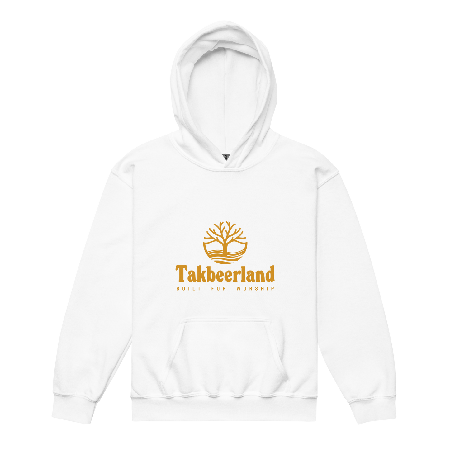 CHILDREN's Hoodie Heavy Blend (Youth) - TAKBEERLAND FULL LOGO (Centered/Medium) - Gold