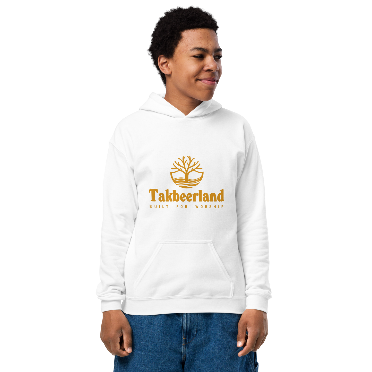 CHILDREN's Hoodie Heavy Blend (Youth) - TAKBEERLAND FULL LOGO (Centered/Medium) - Gold