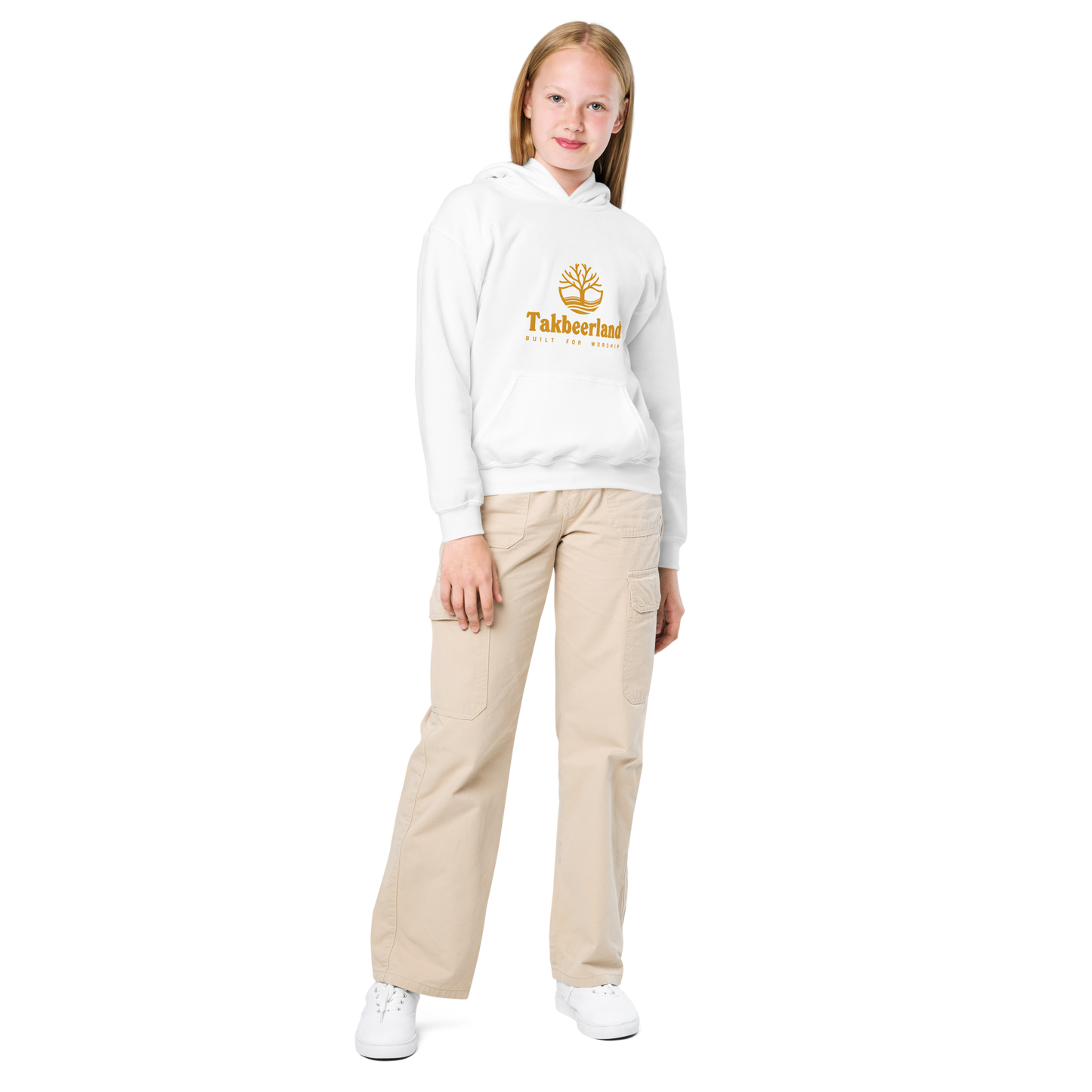 CHILDREN's Hoodie Heavy Blend (Youth) - TAKBEERLAND FULL LOGO (Centered/Medium) - Gold