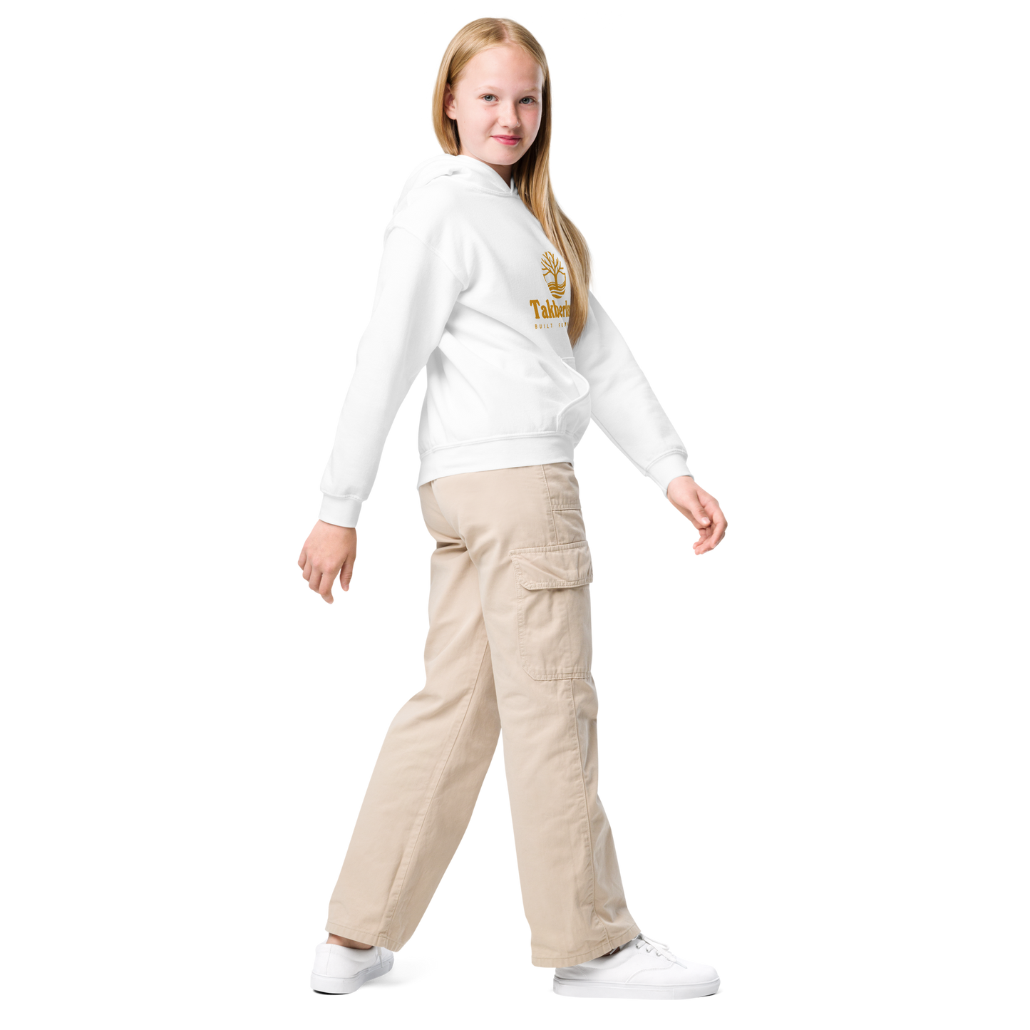 CHILDREN's Hoodie Heavy Blend (Youth) - TAKBEERLAND FULL LOGO (Centered/Medium) - Gold