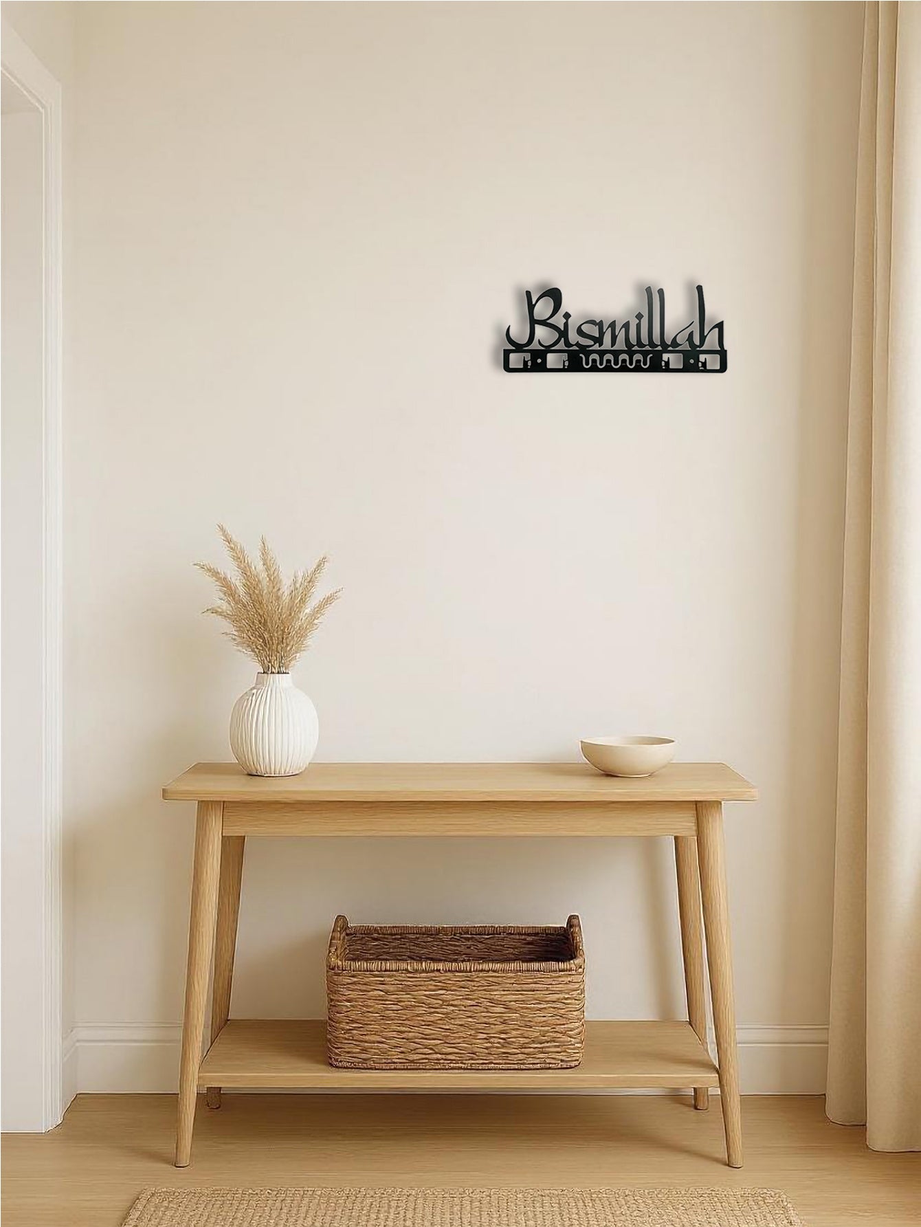 ISLAMIC WALL HOOK – BISMILLAAH - Geometric Calligraphy Key Holder & Stylish Home Accent - Black (13.5" X 5.32")