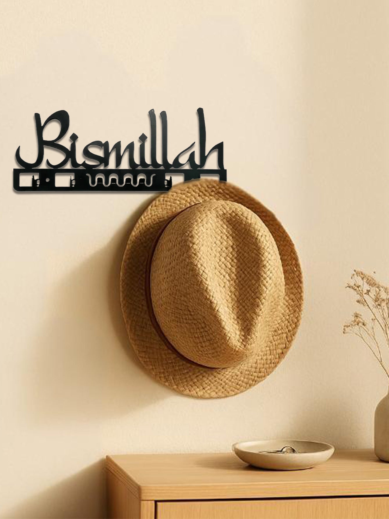 ISLAMIC WALL HOOK – BISMILLAAH - Geometric Calligraphy Key Holder & Stylish Home Accent - Black (13.5" X 5.32")