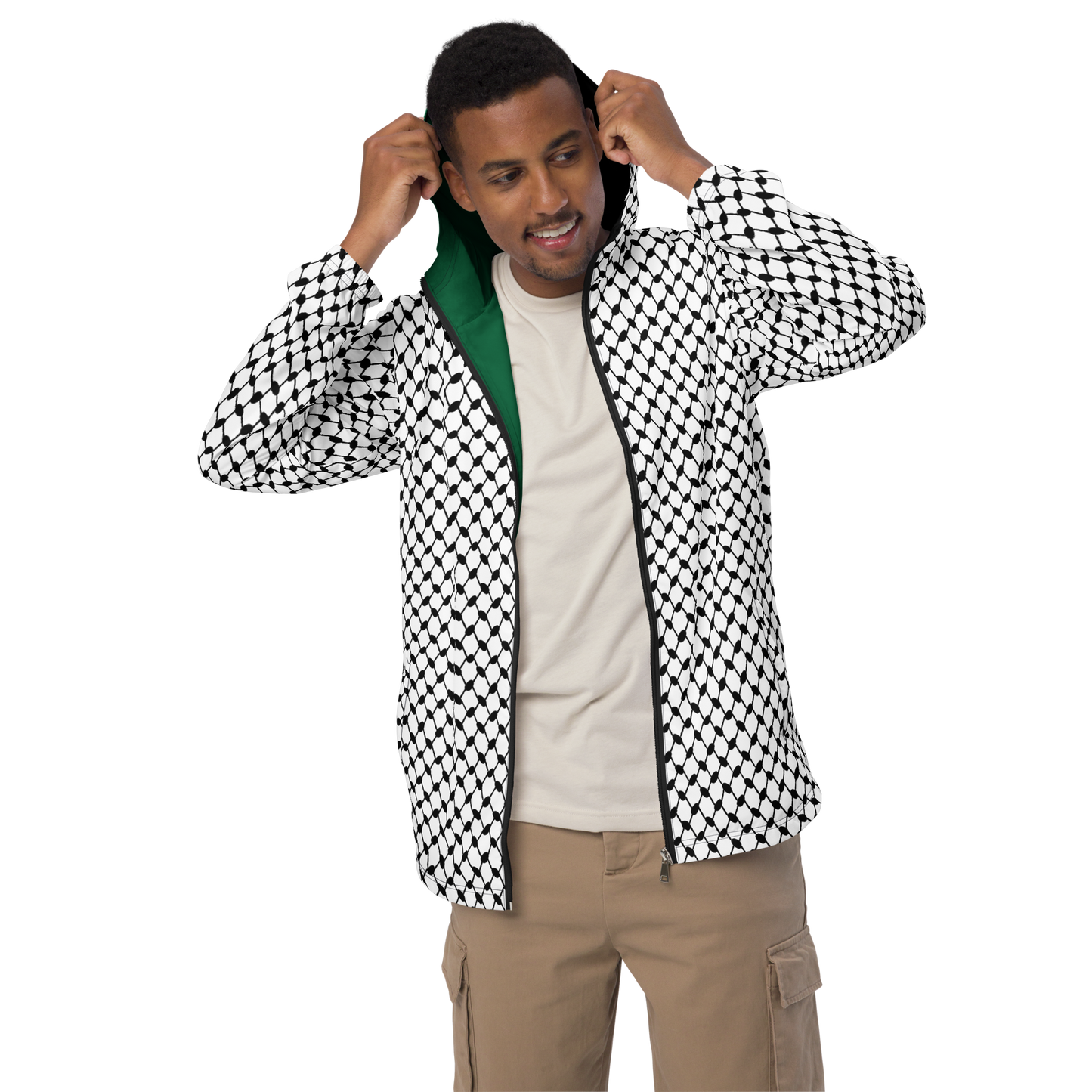 MEN’s Windbreaker Jacket - KUFIYAH WHITE - Black/Green/Red (Inner Lining)