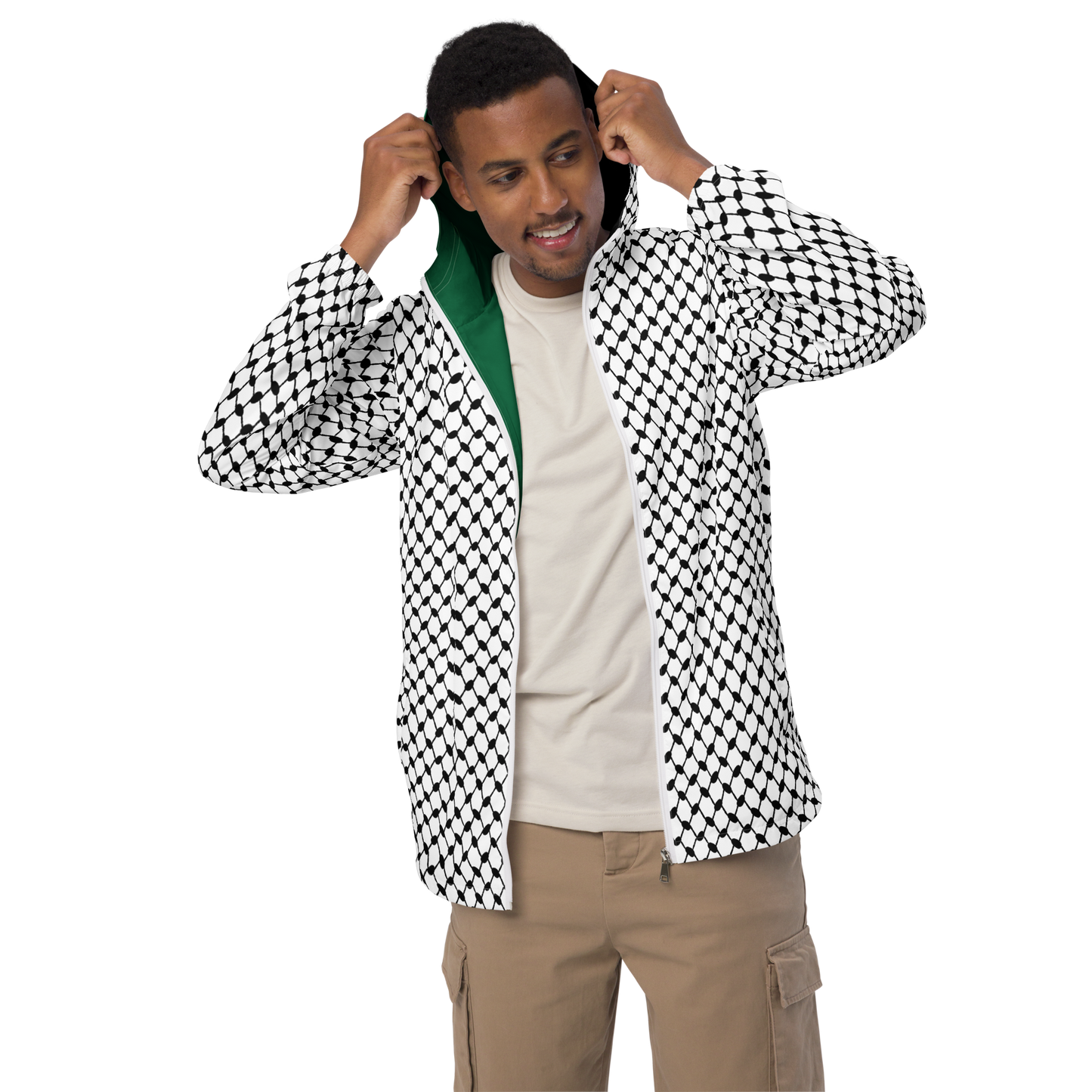 MEN’s Windbreaker Jacket - KUFIYAH WHITE - Black/Green/Red (Inner Lining)