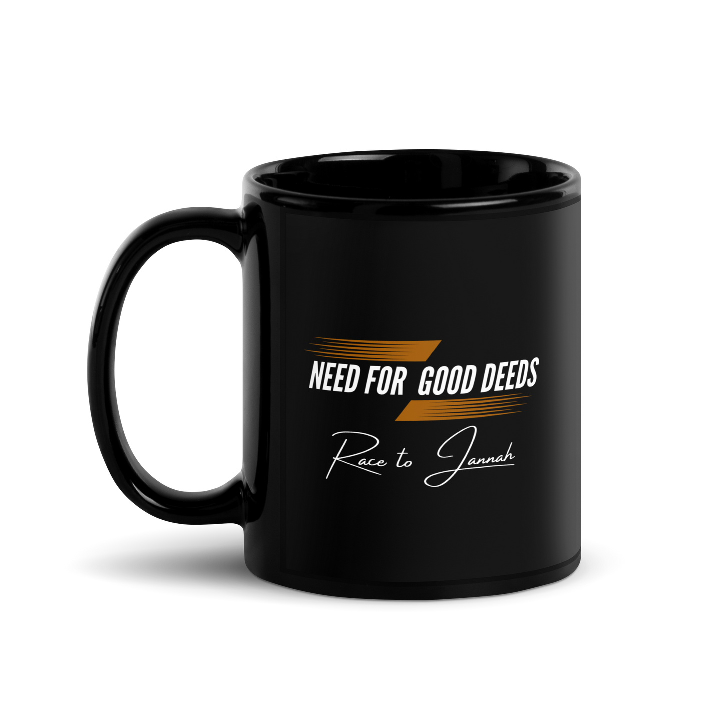 MUG Glossy Black - NEED FOR GOOD DEEDS - White/Orange