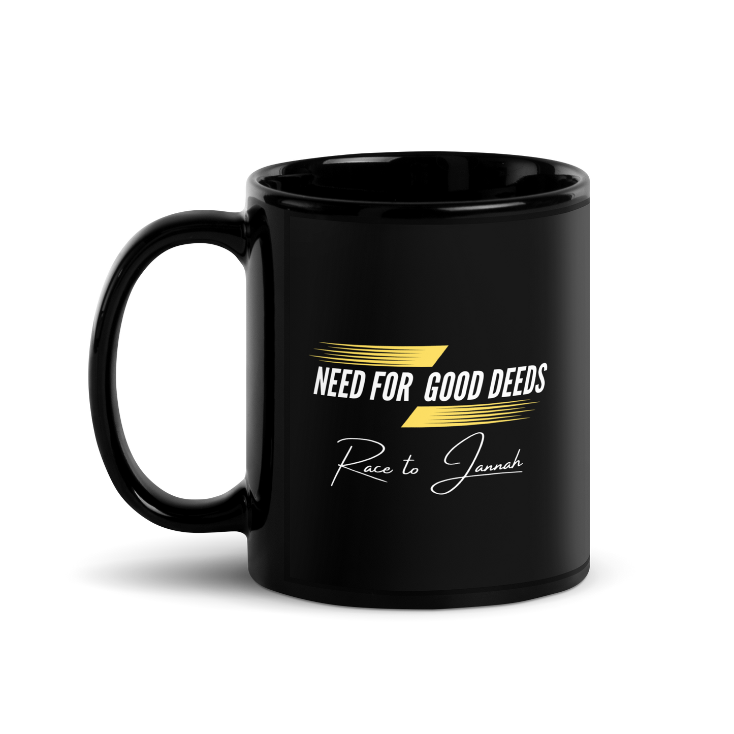 MUG Glossy Black - NEED FOR GOOD DEEDS - White/Yellow