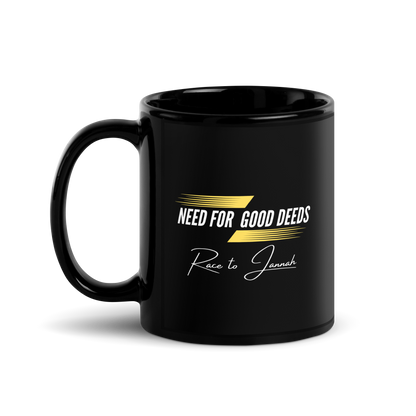 MUG Glossy Black - NEED FOR GOOD DEEDS - White/Yellow