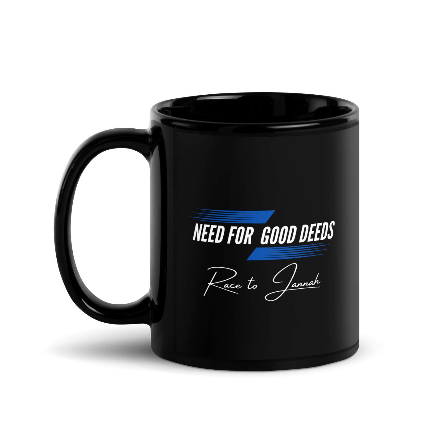 MUG Glossy Black - NEED FOR GOOD DEEDS - White/Blue