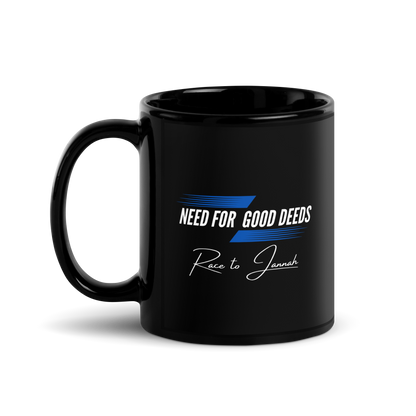 MUG Glossy Black - NEED FOR GOOD DEEDS - White/Blue