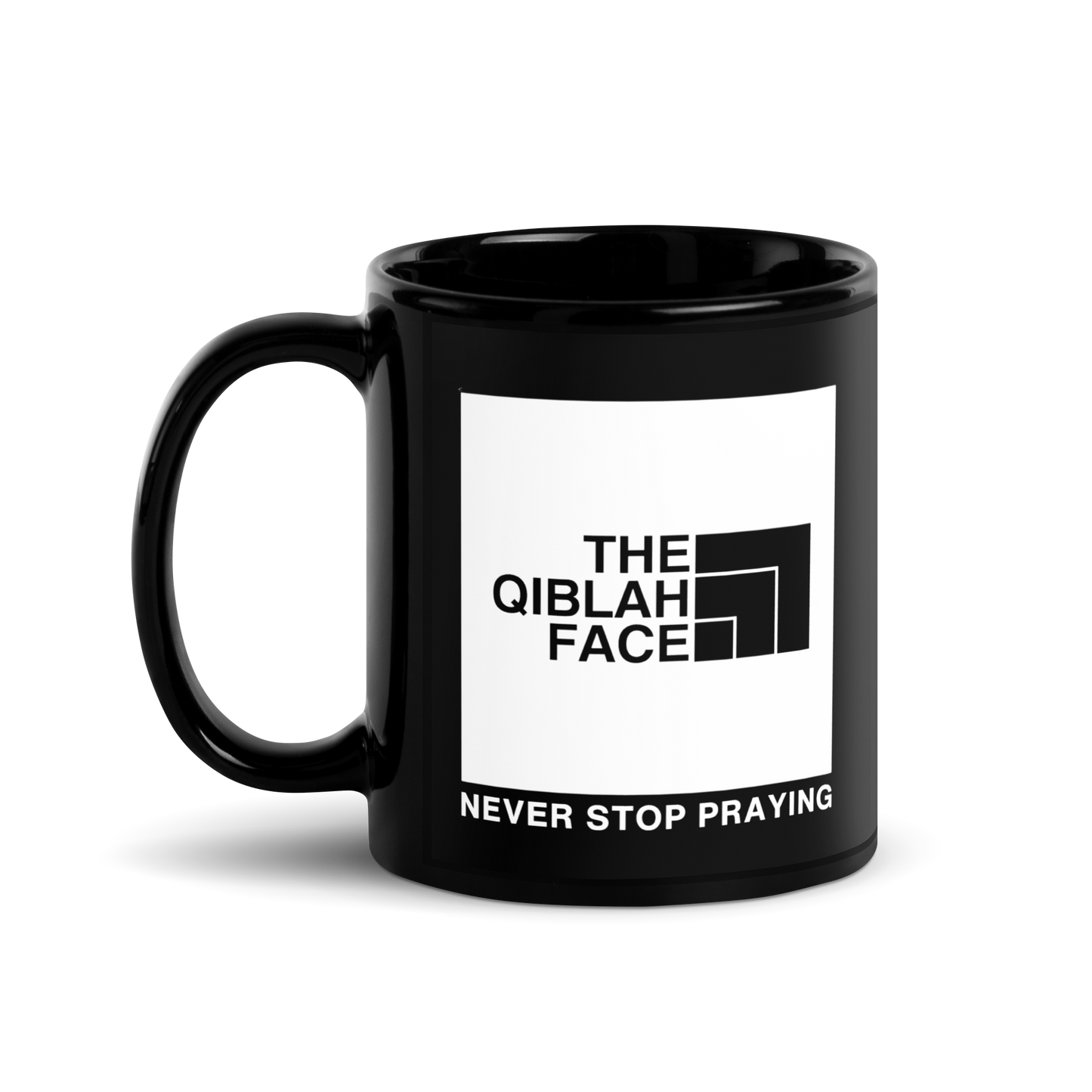 MUG Glossy Black - THE QIBLAH FACE (Never Stop Praying - Back Logo)