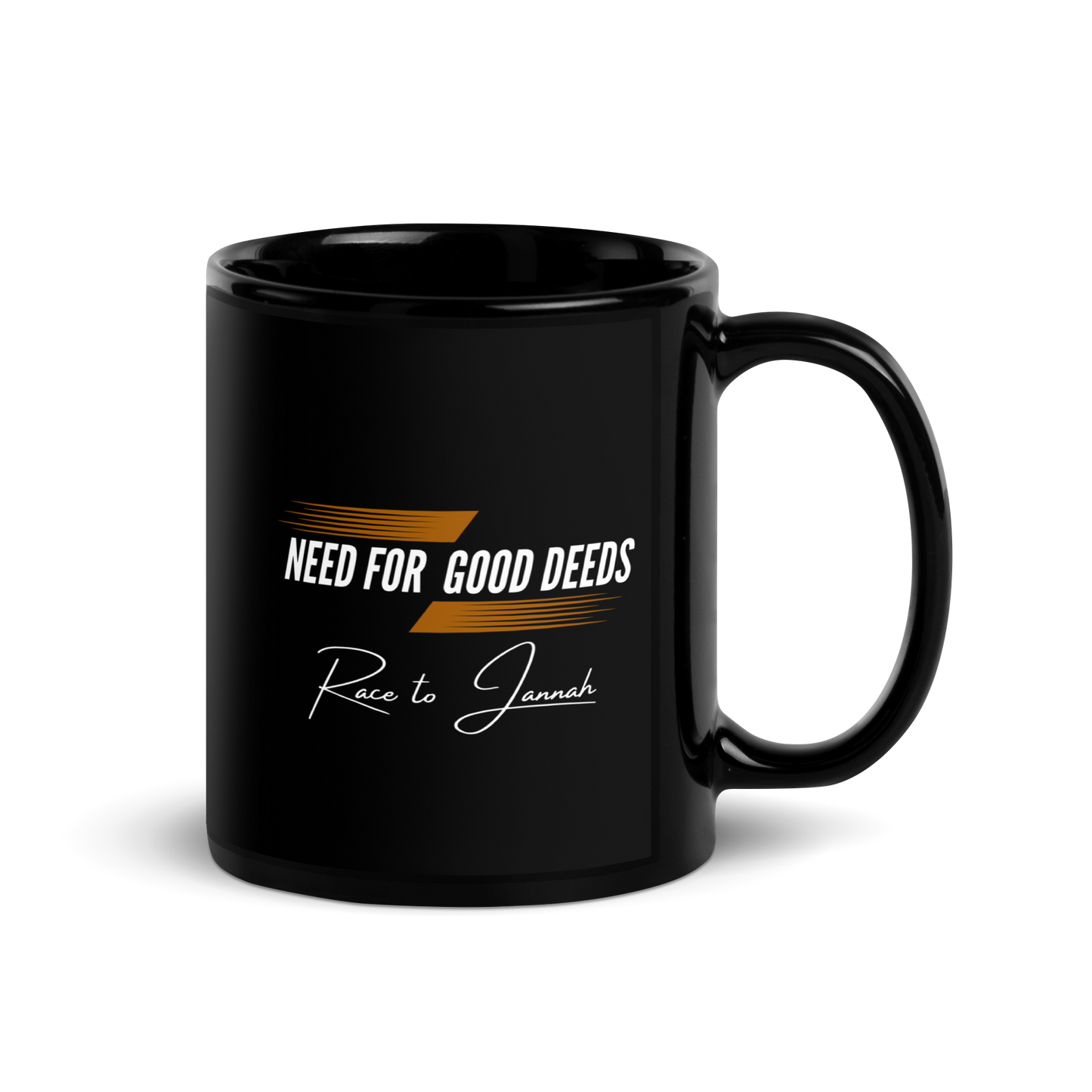 MUG Glossy Black - NEED FOR GOOD DEEDS - White/Orange