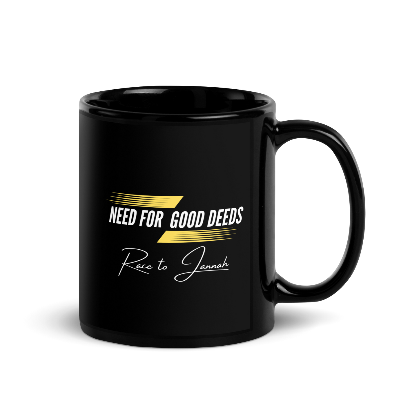 MUG Glossy Black - NEED FOR GOOD DEEDS - White/Yellow