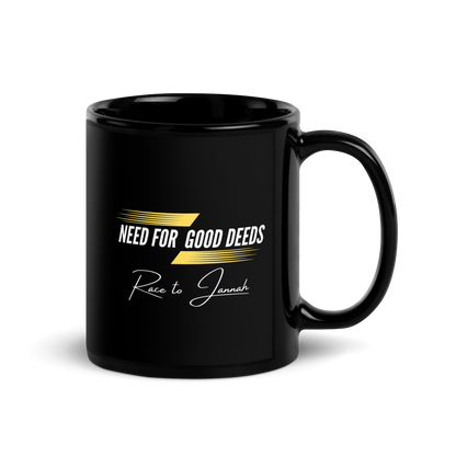 MUG Glossy Black - NEED FOR GOOD DEEDS - White/Yellow