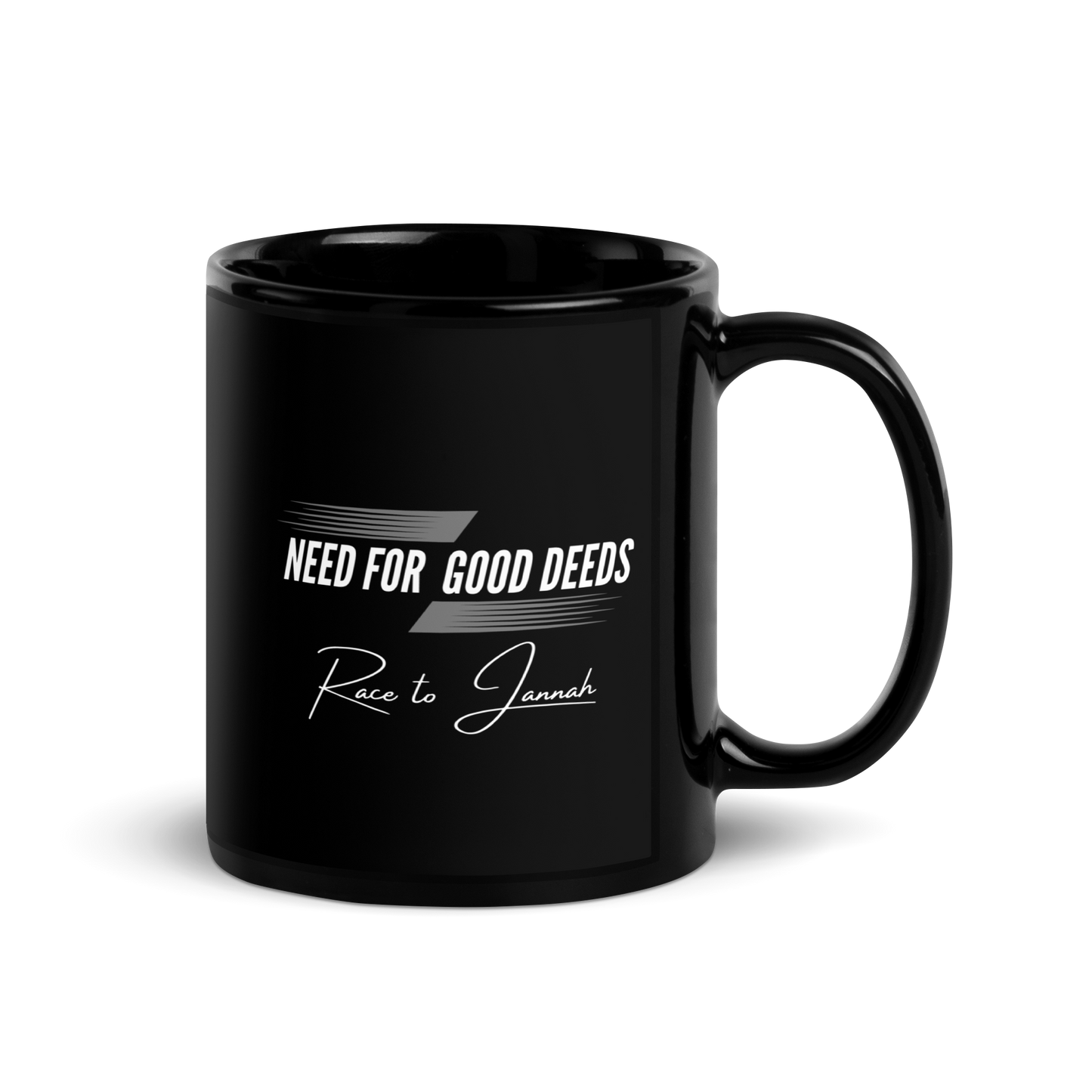 MUG Glossy Black - NEED FOR GOOD DEEDS - White/Gray