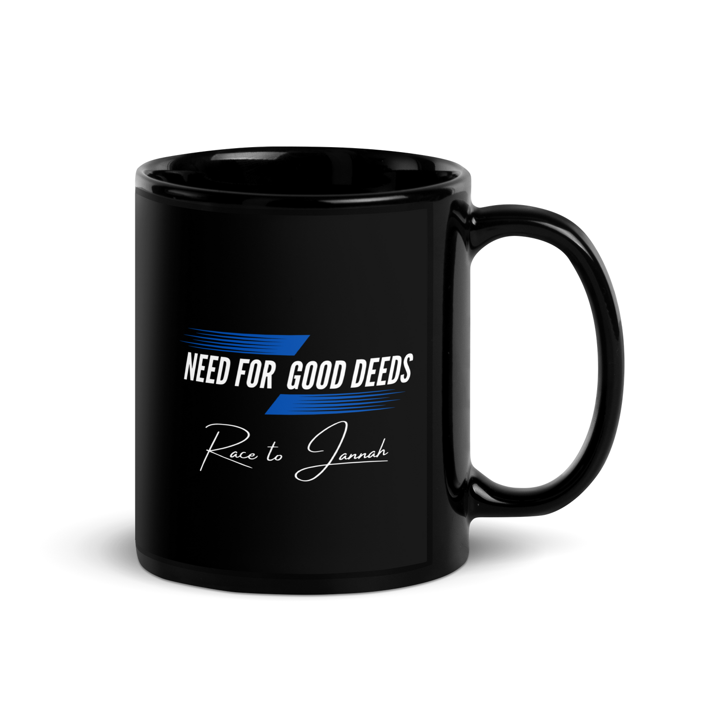 MUG Glossy Black - NEED FOR GOOD DEEDS - White/Blue