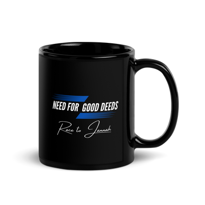 MUG Glossy Black - NEED FOR GOOD DEEDS - White/Blue