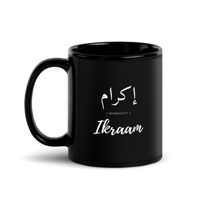 MUG Glossy Black - IKRAAM (GENEROSITY) Arabic/English - White