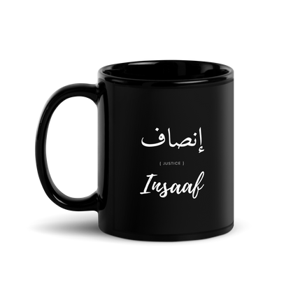 MUG Glossy Black - INSAAF (JUSTICE) Arabic/English - White