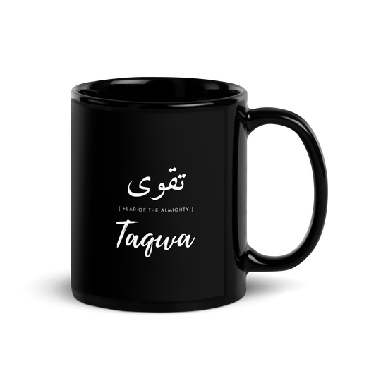 MUG Glossy Black - TAQWA (FEAR OF THE ALMIGHTY) Arabic/English - White